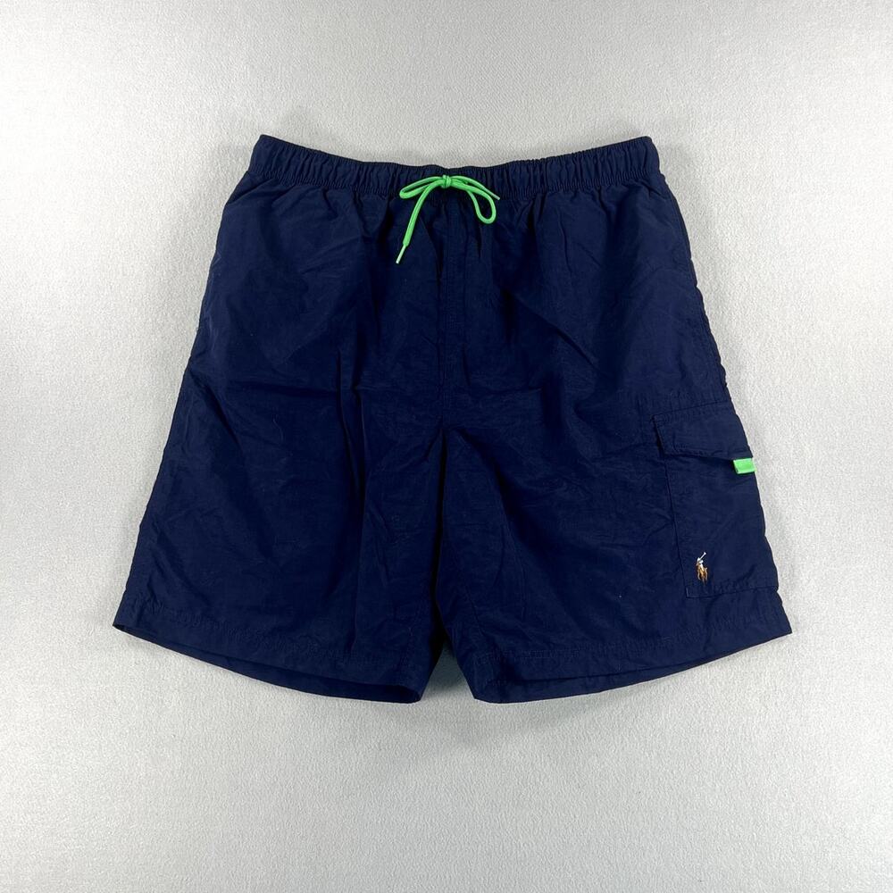 Vintage 90s Polo Ralph Lauren Navy/Green Oxford Pony Board Shorts Swim Size XL